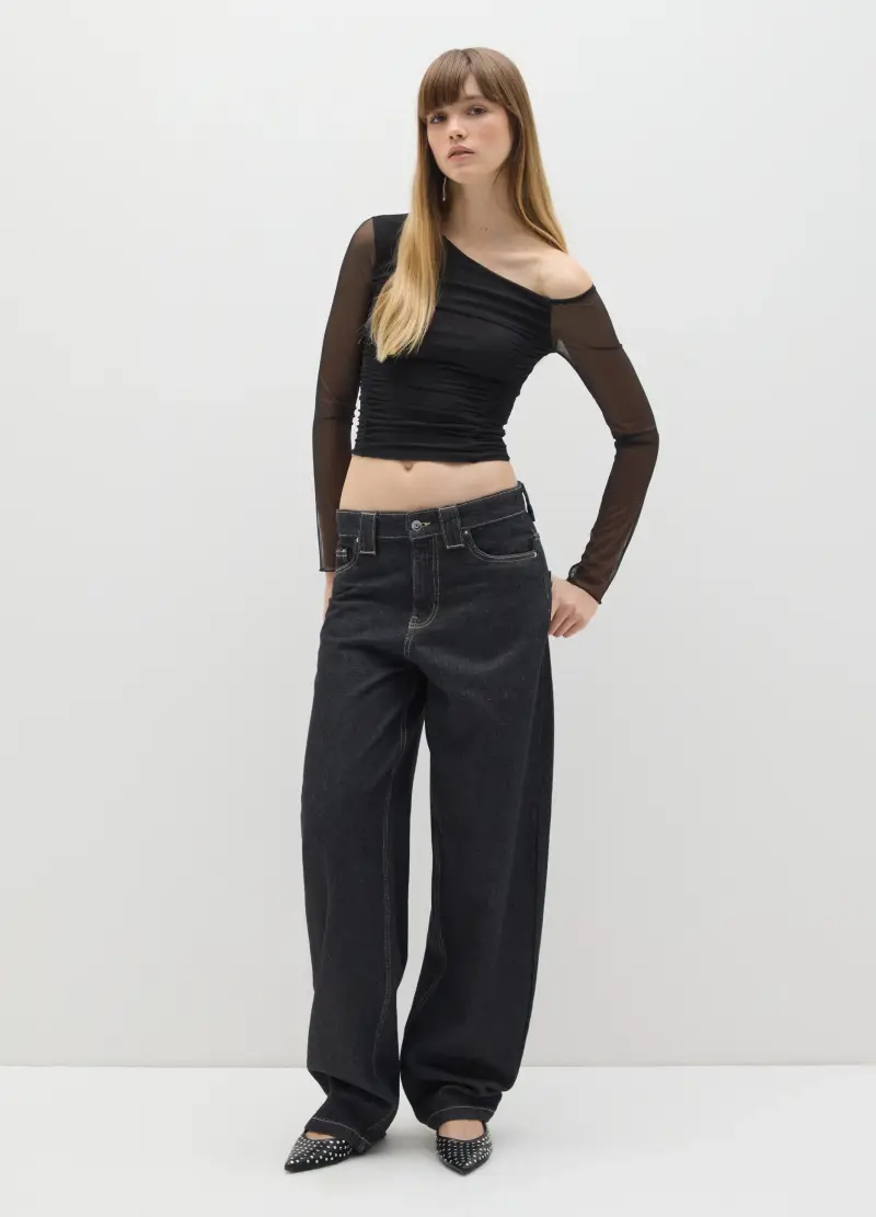 Maglia Nera A Maniche Lunghe In Tessuto Elasticizzato, Donna, Nero miniatura 2