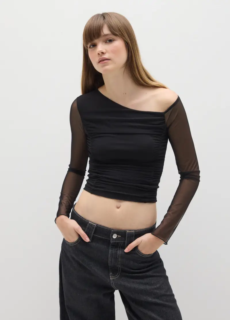 Maglia Nera A Maniche Lunghe In Tessuto Elasticizzato, Donna, Nero miniatura 3