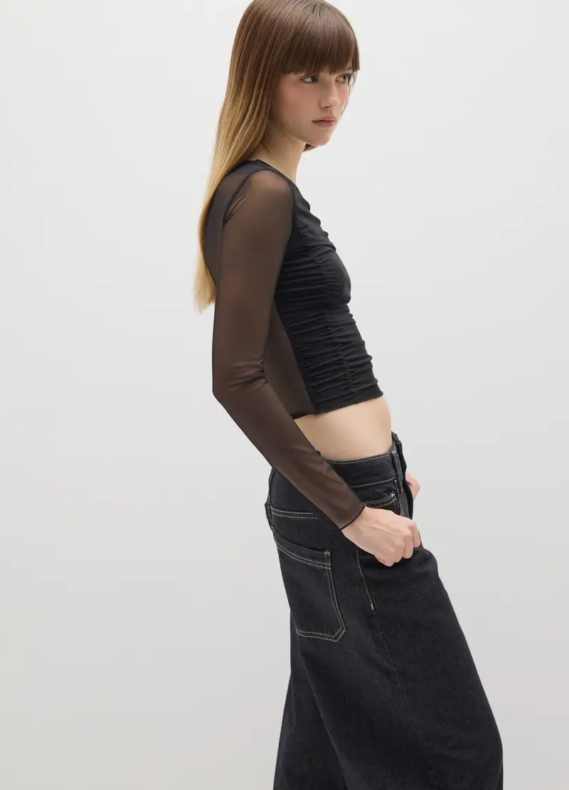 Maglia Nera A Maniche Lunghe In Tessuto Elasticizzato, Donna, Nero