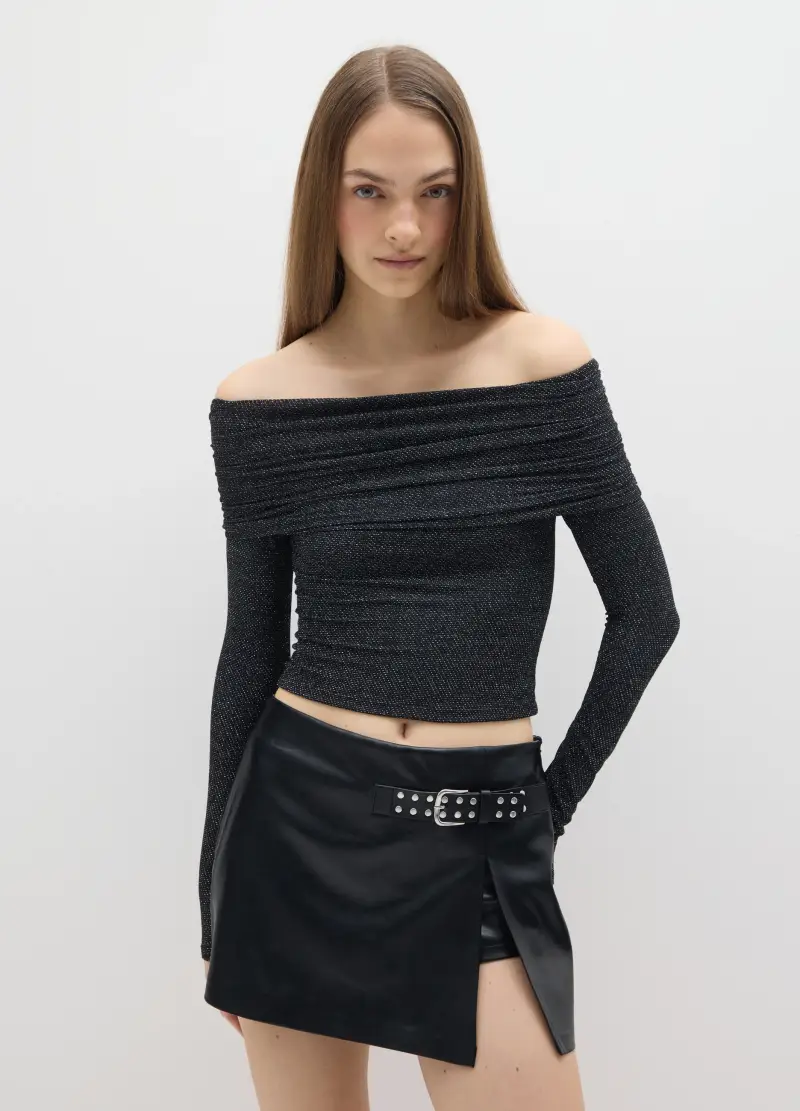 Maglia Nera Glitterata A Maniche Lunghe Regular Fit, Donna, Nero miniatura 3