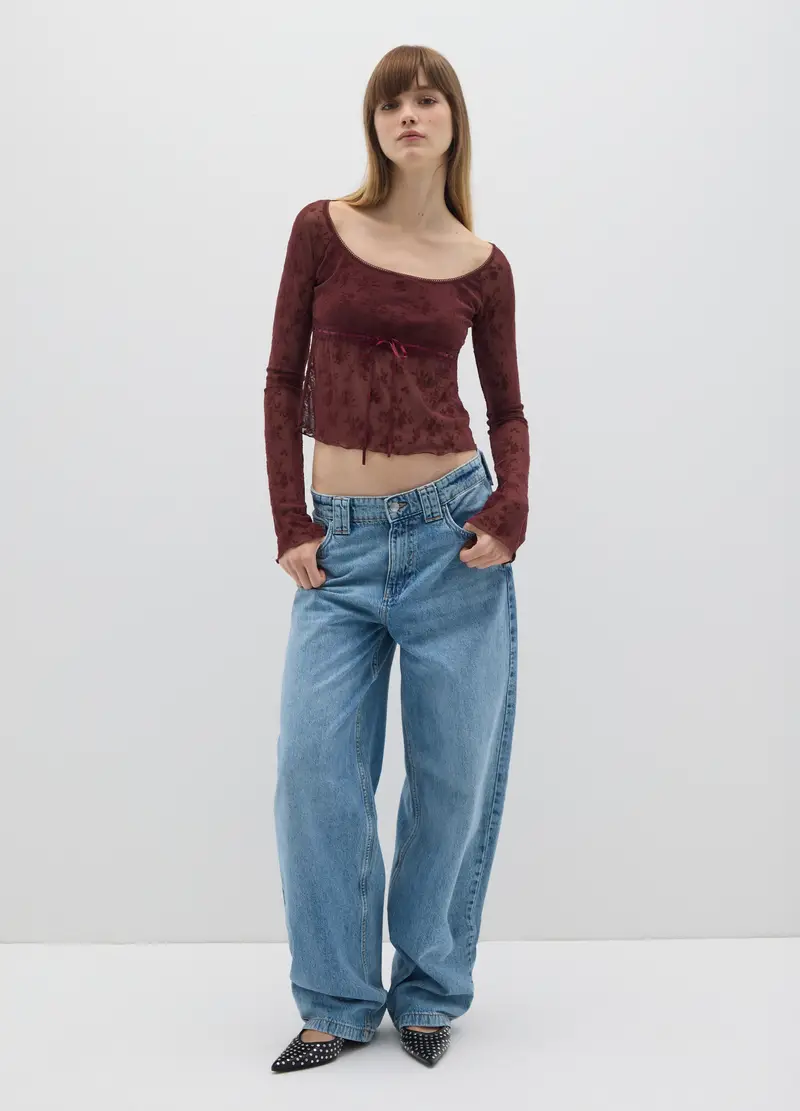 Maglietta A Maniche Lunghe Trasparente Bordeaux Regular Fit, Donna, Rosso miniatura 2