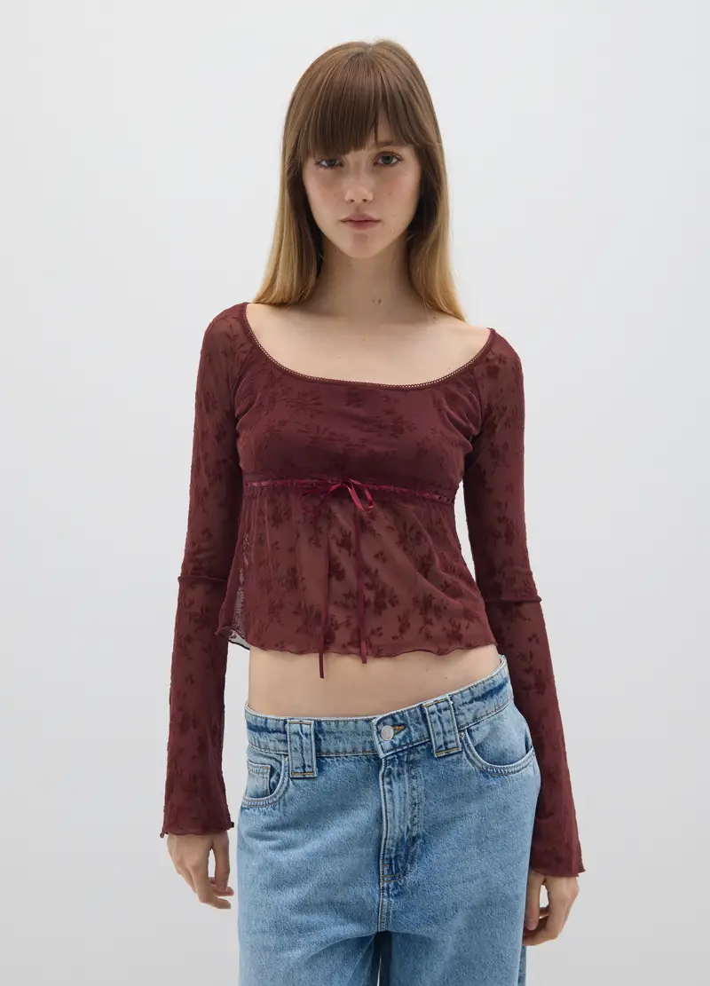 Maglietta A Maniche Lunghe Trasparente Bordeaux Regular Fit, Donna, Rosso miniatura 3