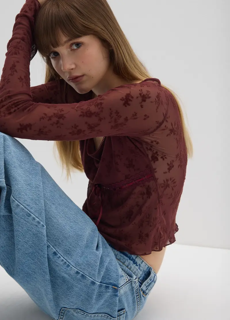 Maglietta A Maniche Lunghe Trasparente Bordeaux Regular Fit, Donna, Rosso