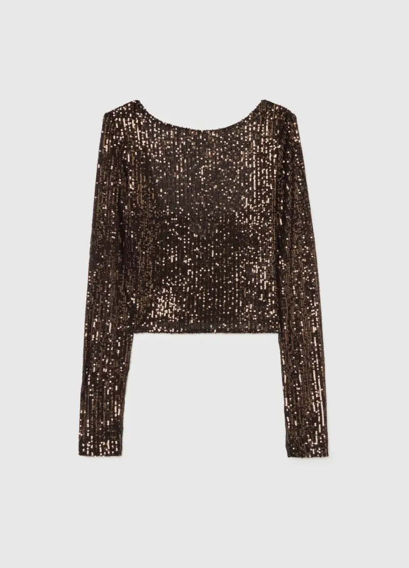 Maglietta Marrone Crop Con Paillettes, Donna, Marrone