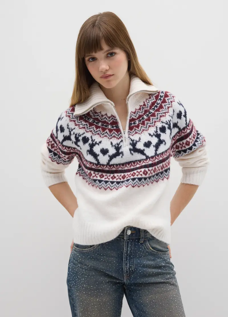 Maglione Bianco Con Pattern Jacquard Multicolor E Zip, Donna, Multicolor miniatura 2