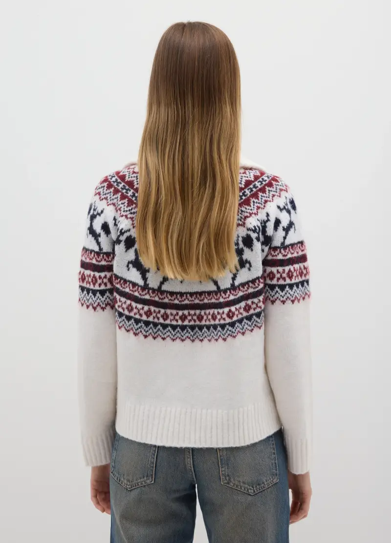 Maglione Bianco Con Pattern Jacquard Multicolor E Zip, Donna, Multicolor miniatura 3