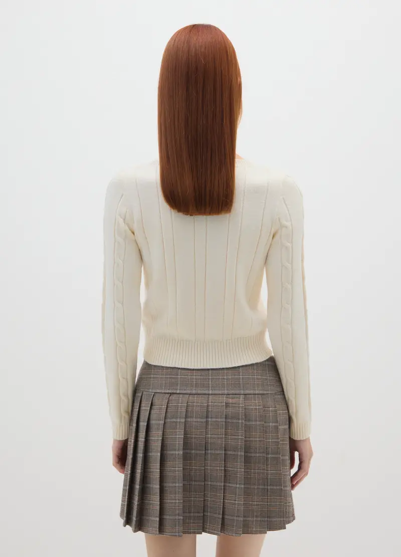 Maglione Bianco Panna Con Scollo A V In Misto Cotone E Viscosa, Donna, Bianco miniatura 3