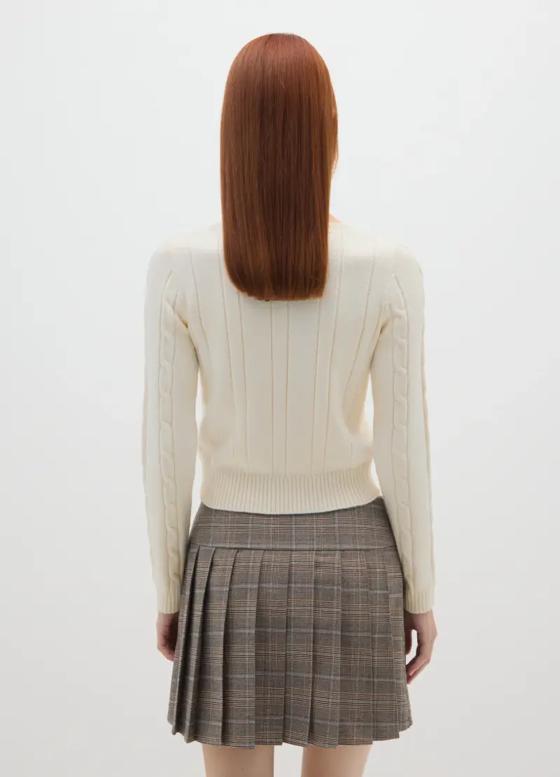 Maglione Bianco Panna Con Scollo A V In Misto Cotone E Viscosa, Donna, Bianco miniatura 3