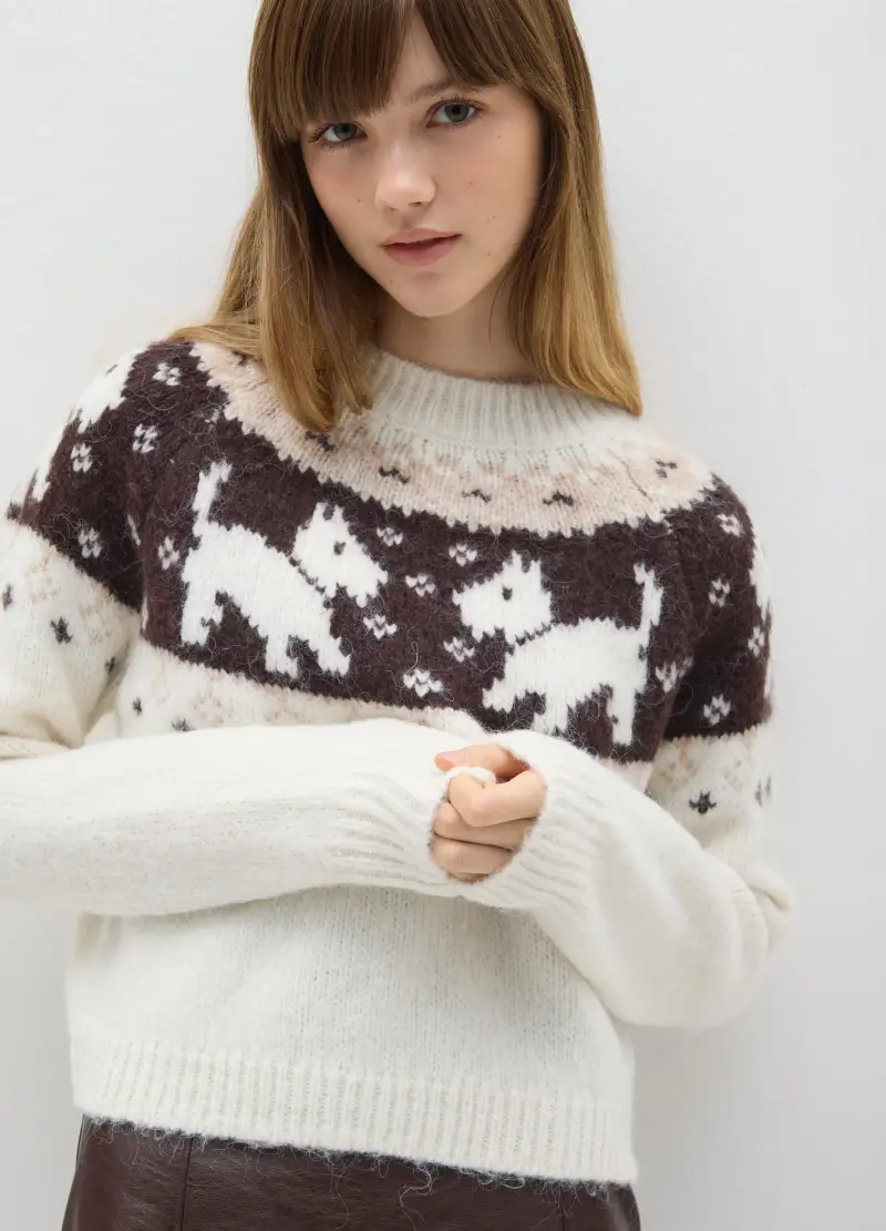 Maglione Bianco Regular Fit Con Motivi Jacquard, Donna, Multicolor