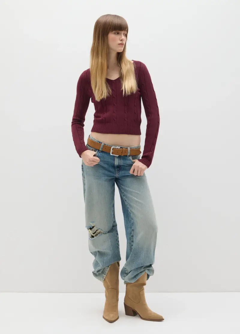 Maglione Bordeaux Con Scollo A V In Misto Cotone E Viscosa, Donna, Rosso miniatura 2