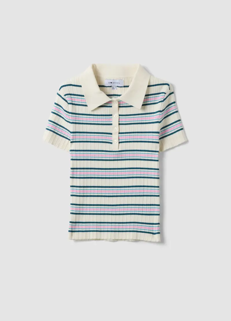 Maglione Fitted In Misto Viscosa A Righe Multicolor Con Collo Polo, Donna, Multicolor
