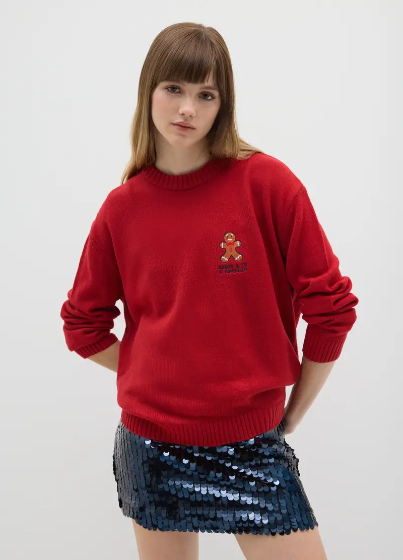 Maglione Girocollo Rosso Over Fit Con Ricamo Natalizio, Donna, Rosso miniatura 2