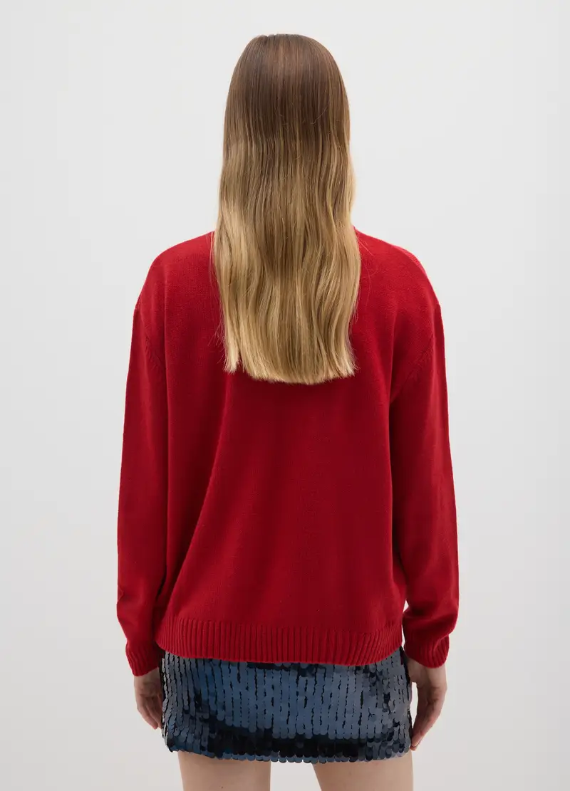 Maglione Girocollo Rosso Over Fit Con Ricamo Natalizio, Donna, Rosso miniatura 3