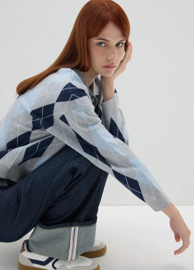 Maglione Grigio E Blu A Scacchi Regular Fit, Donna, Multicolor