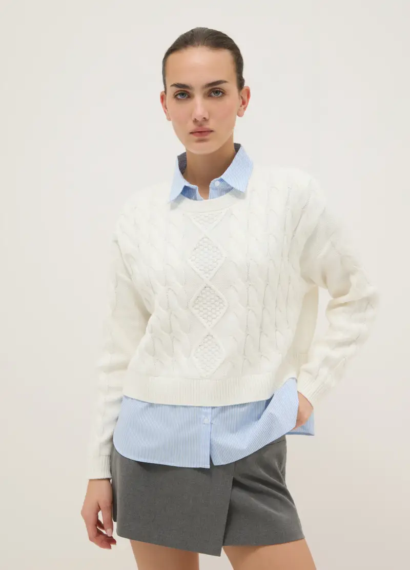 Maglione In Misto Cotone Bianco Regular Fit Con Motivo Intrecciato, Donna, Bianco miniatura 2