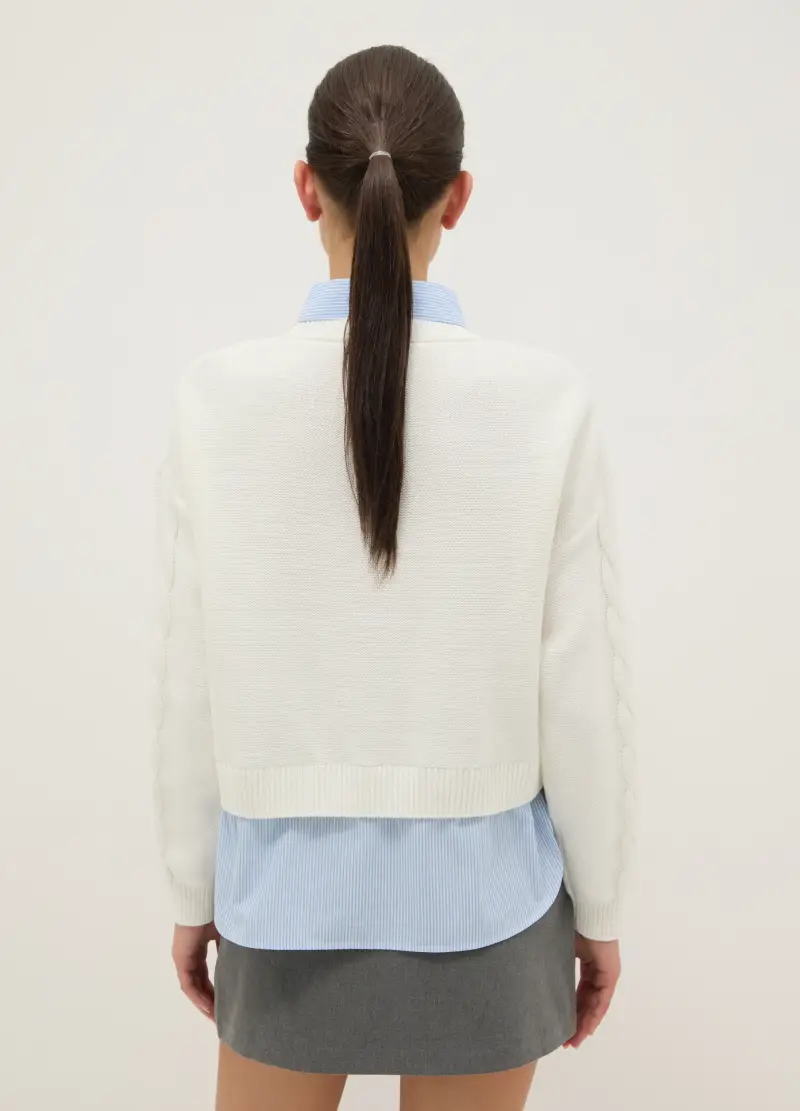 Maglione In Misto Cotone Bianco Regular Fit Con Motivo Intrecciato, Donna, Bianco miniatura 3