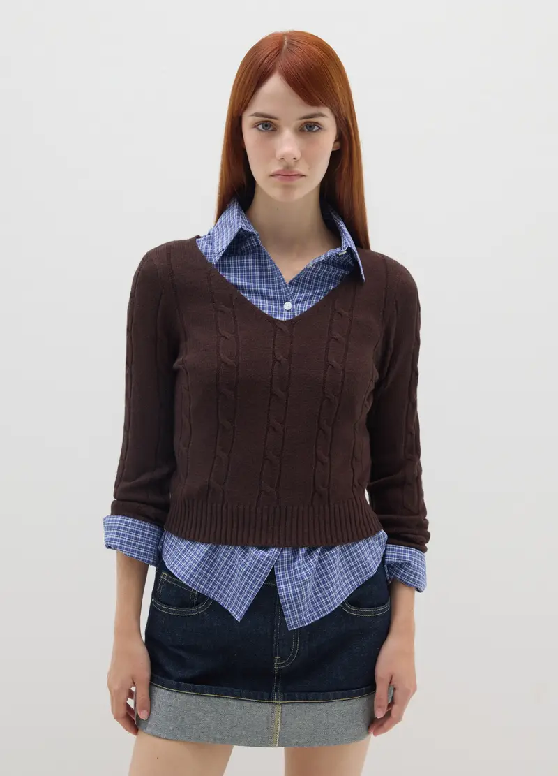 Maglione Marrone Con Scollo A V In Misto Cotone E Viscosa, Donna, Marrone miniatura 2