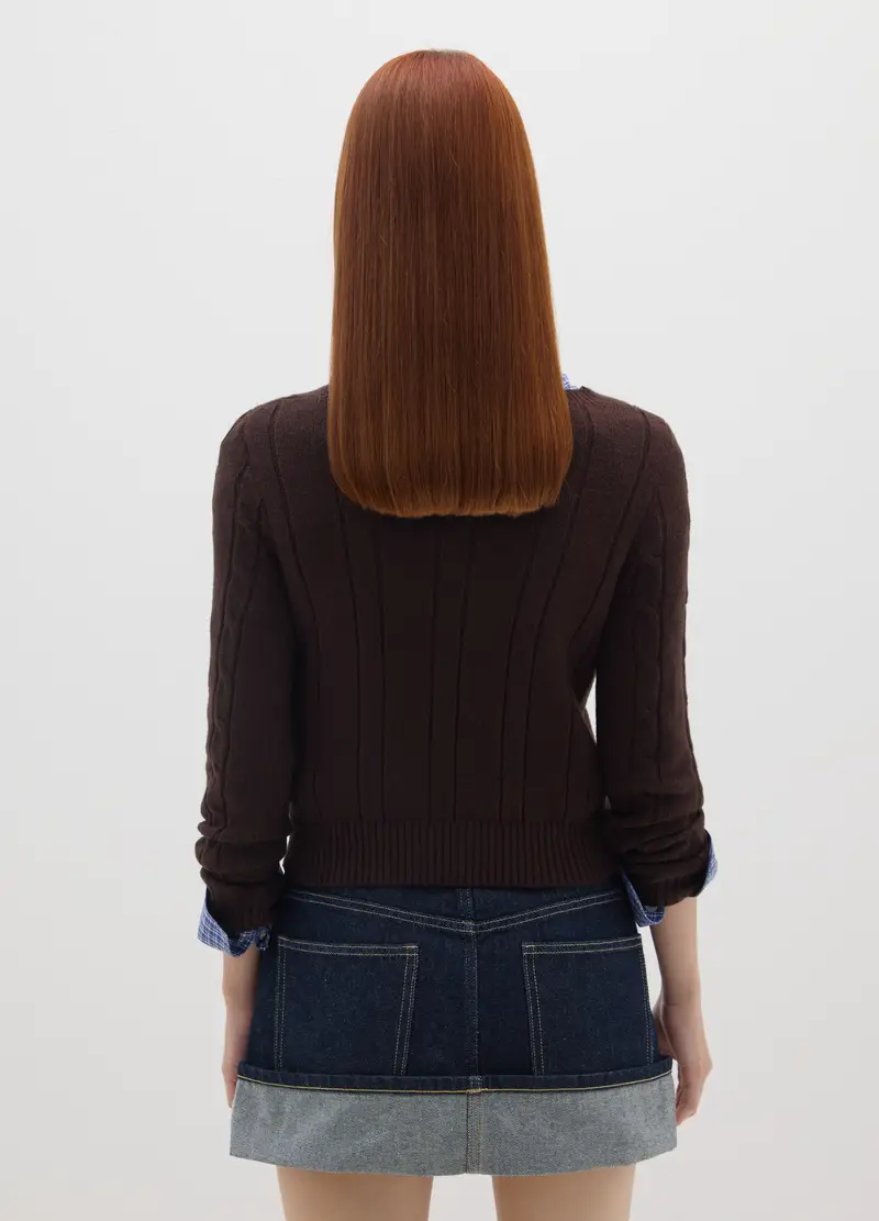 Maglione Marrone Con Scollo A V In Misto Cotone E Viscosa, Donna, Marrone miniatura 3