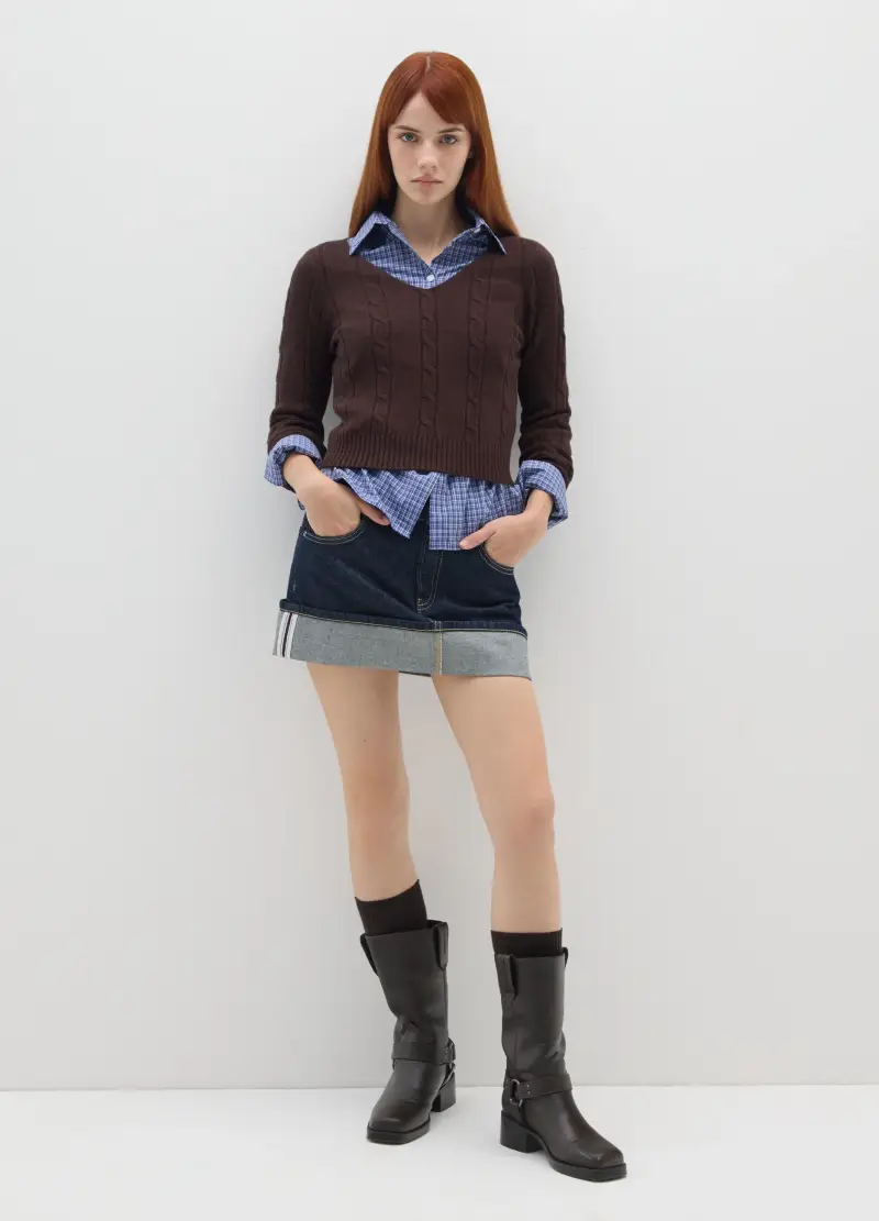 Maglione Marrone Con Scollo A V In Misto Cotone E Viscosa, Donna, Marrone