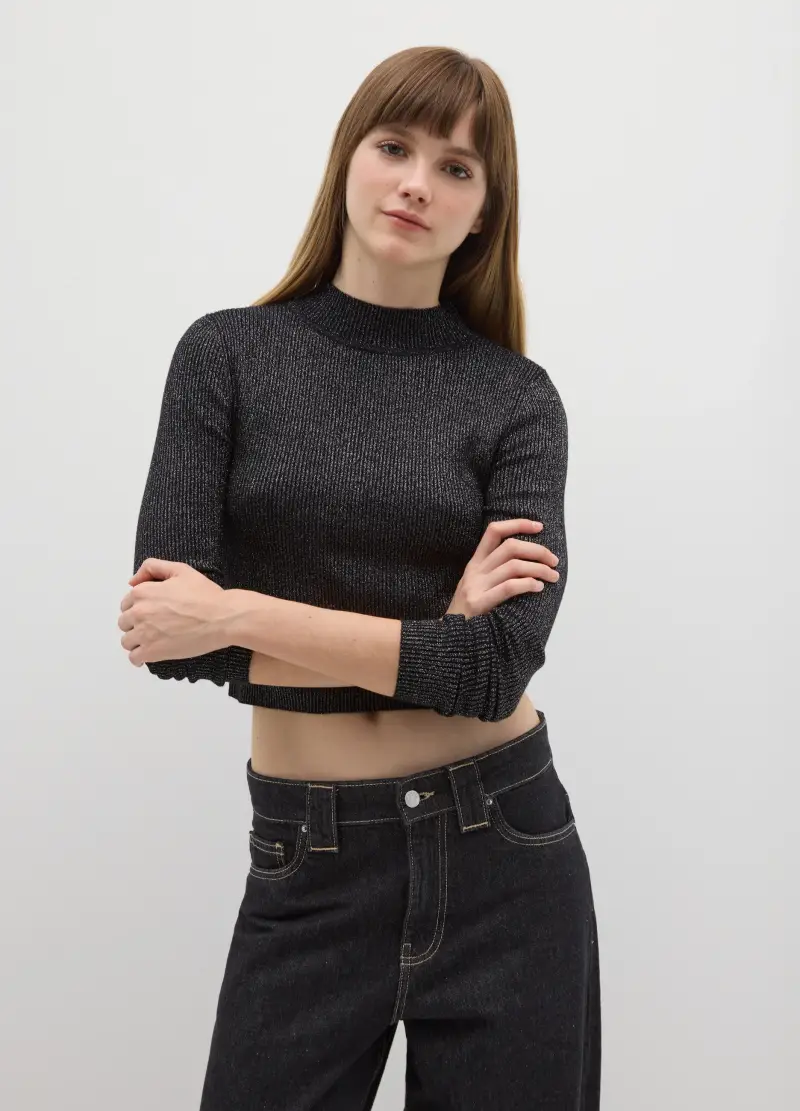 Maglione Mock Neck Nero Vestibilità Fitted, Donna, Nero miniatura 2