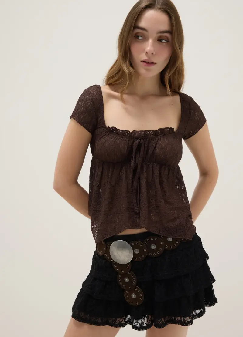 Minigonna In Pizzo Nero Regular Fit, Donna, Nero