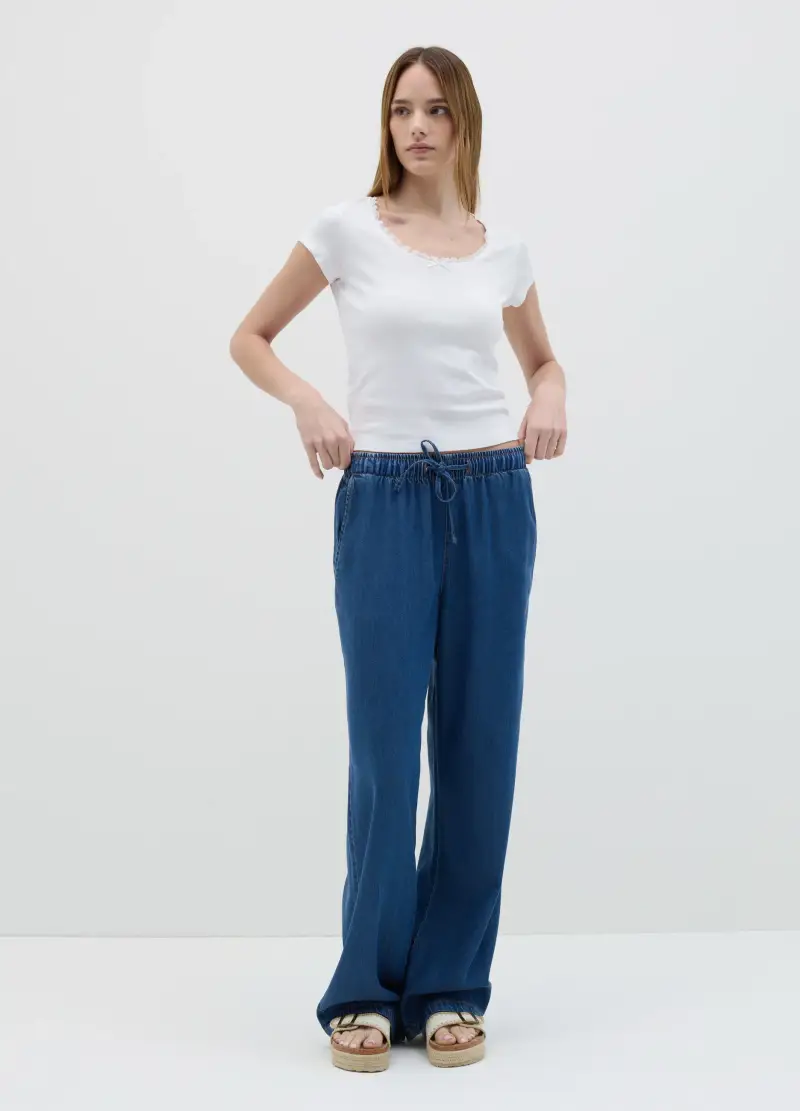 Pantalone Fluido Relaxed Fit Blu Effetto Denim, Donna, Blu