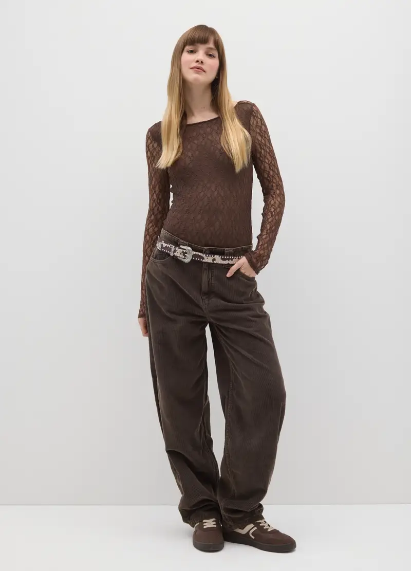 Pantaloni Baggy Marroni In Puro Cotone A Coste Relaxed Fit, Donna, Marrone