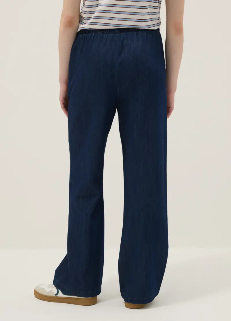 Pantaloni Denim In Puro Cotone Blu Wide Leg, Donna, Denim miniatura 3