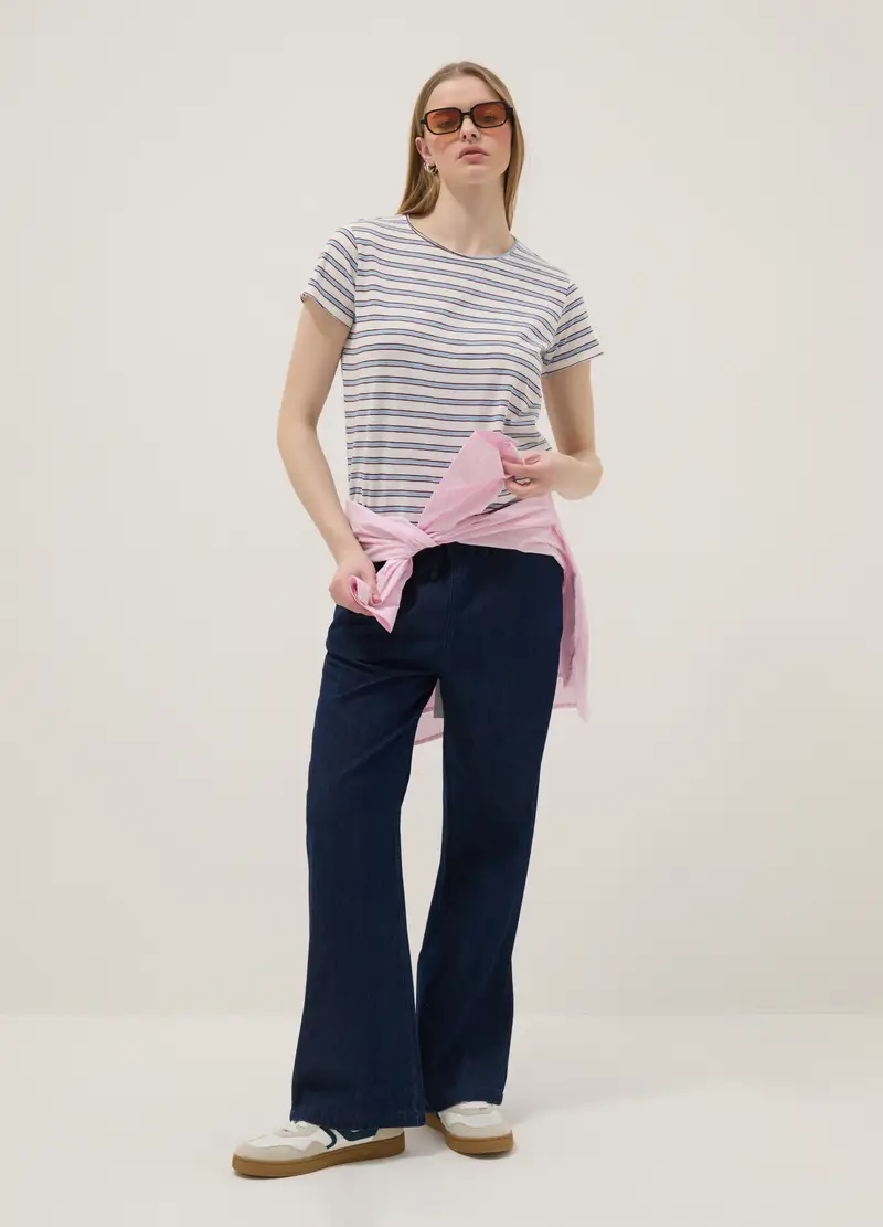 Pantaloni Denim In Puro Cotone Blu Wide Leg, Donna, Denim