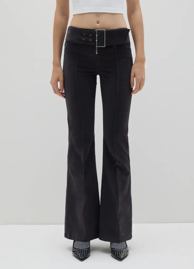 Pantaloni Flare In Velluto Nero, Donna, Nero miniatura 2