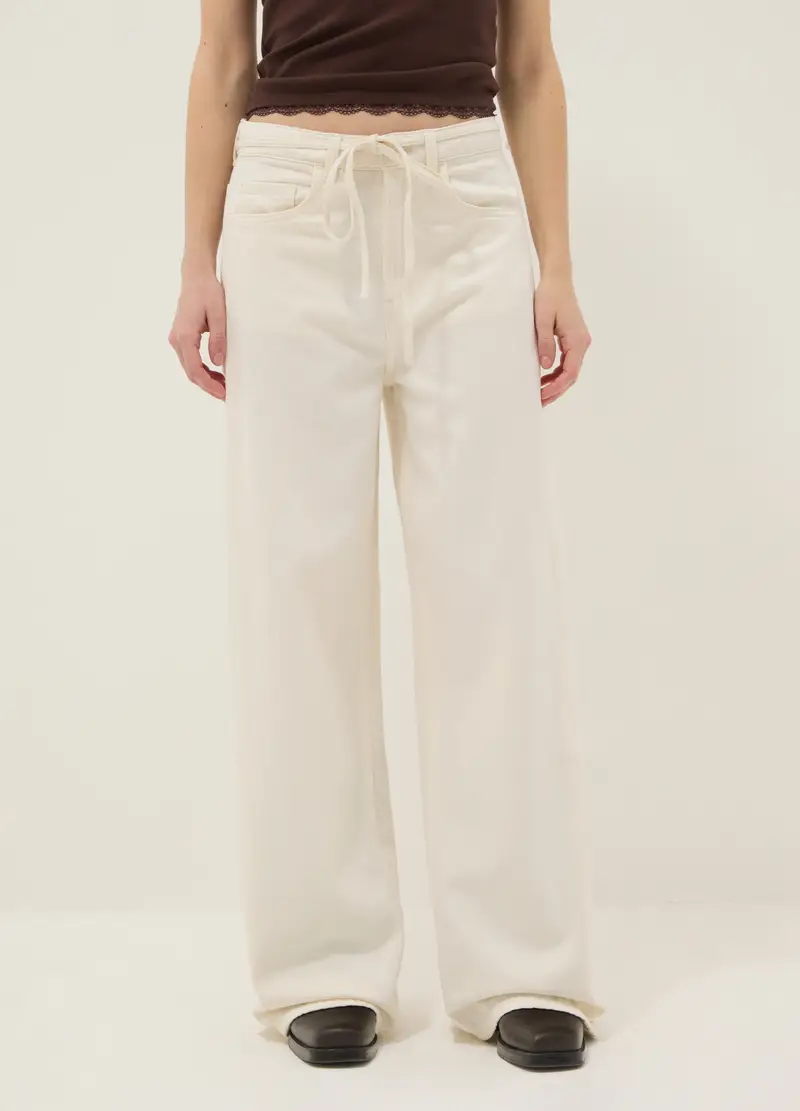 Pantaloni In Puro Cotone Bianchi Wide Leg, Donna, Bianco miniatura 2