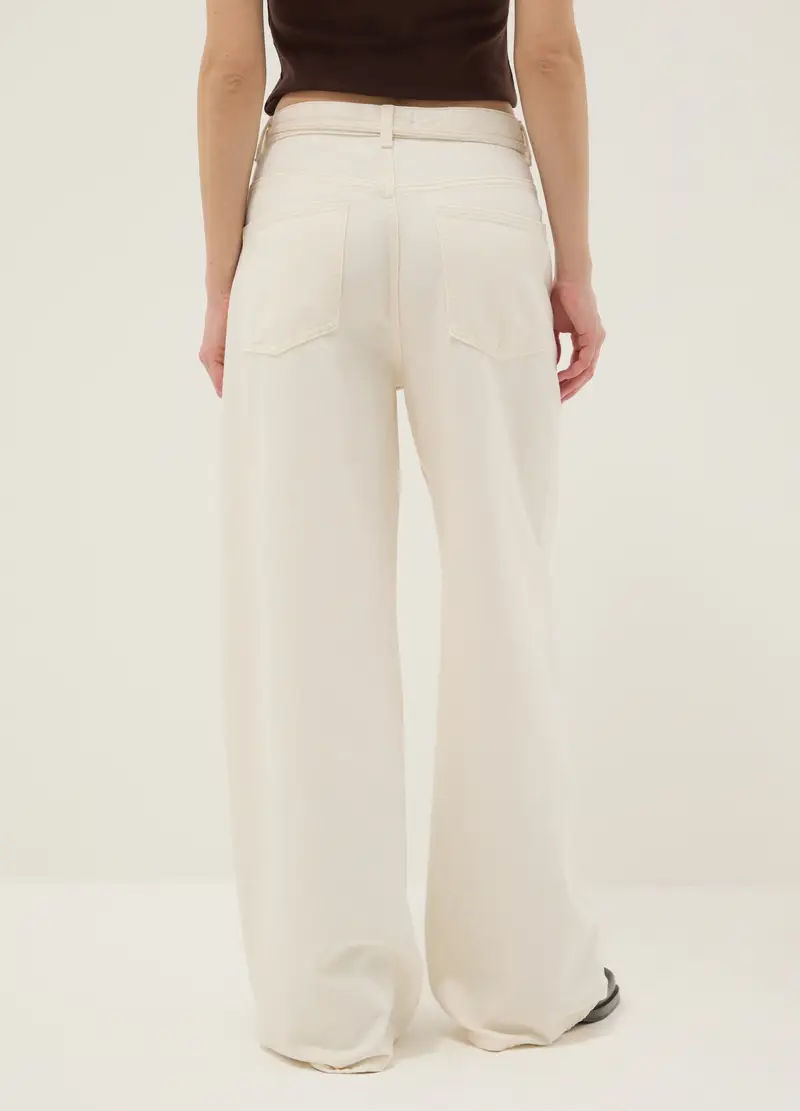 Pantaloni In Puro Cotone Bianchi Wide Leg, Donna, Bianco miniatura 3