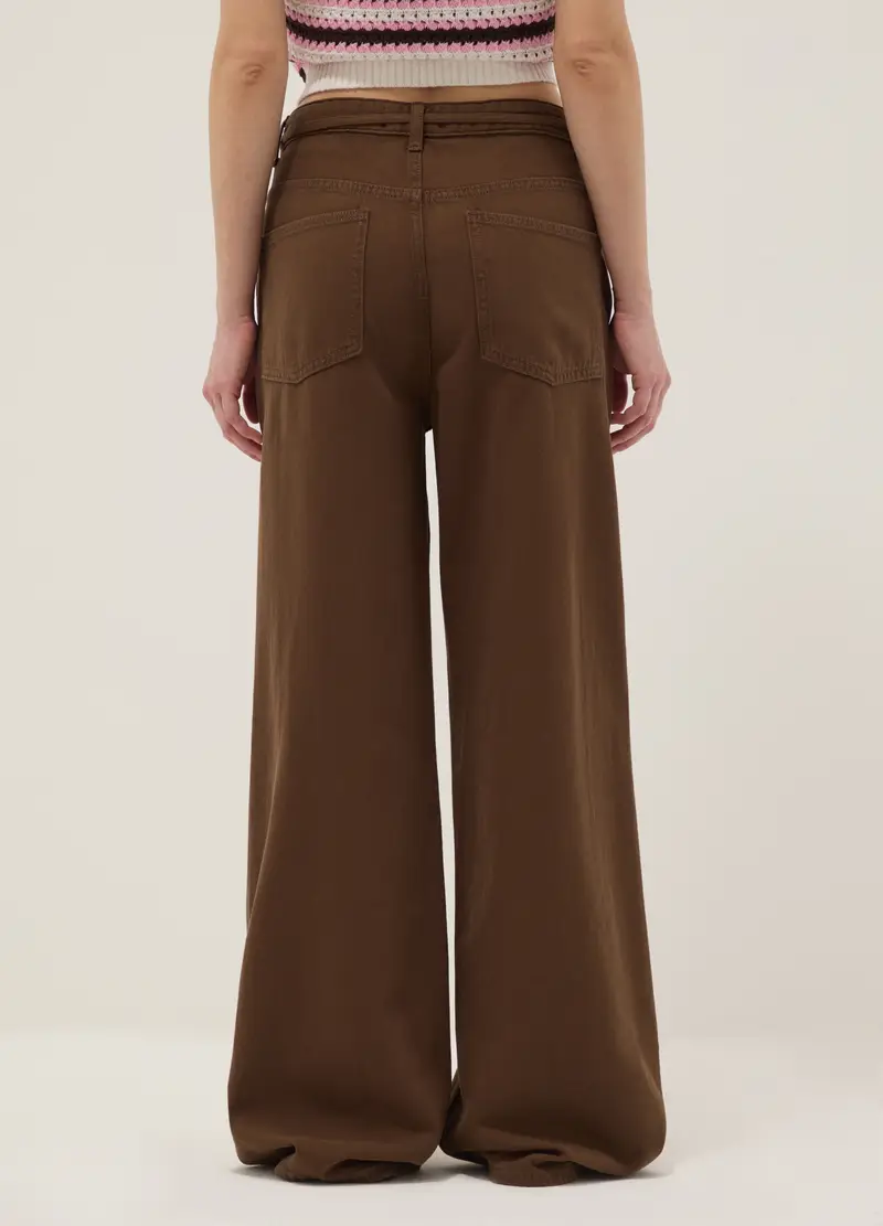 Pantaloni In Puro Cotone Marroni Wide Leg, Donna, Marrone miniatura 3