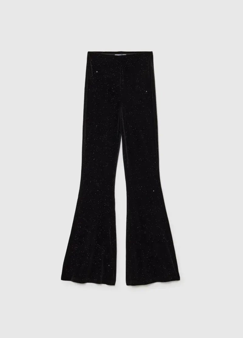 Pantaloni In Tessuto Elasticizzato Neri Flare Con Glitter, Donna, Nero
