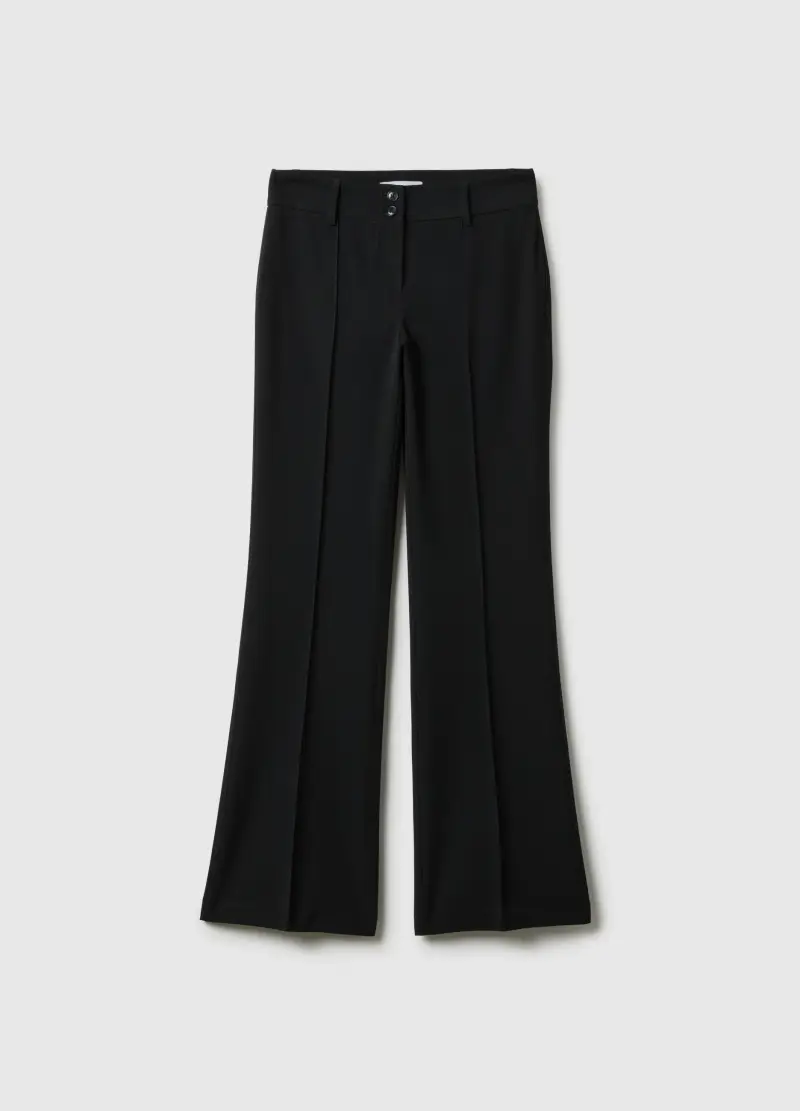 Pantaloni In Tessuto Elasticizzato Neri Flare Fit, Donna, Nero