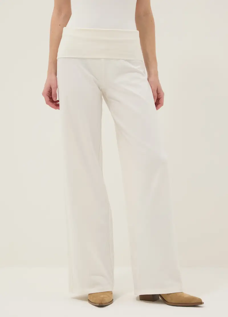 Pantaloni Jogger In Cotone Elasticizzato Bianchi Wide Leg, Donna, Bianco miniatura 2
