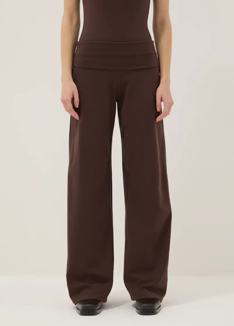 Pantaloni Jogger In Cotone Elasticizzato Marroni Wide Leg, Donna, Marrone miniatura 2