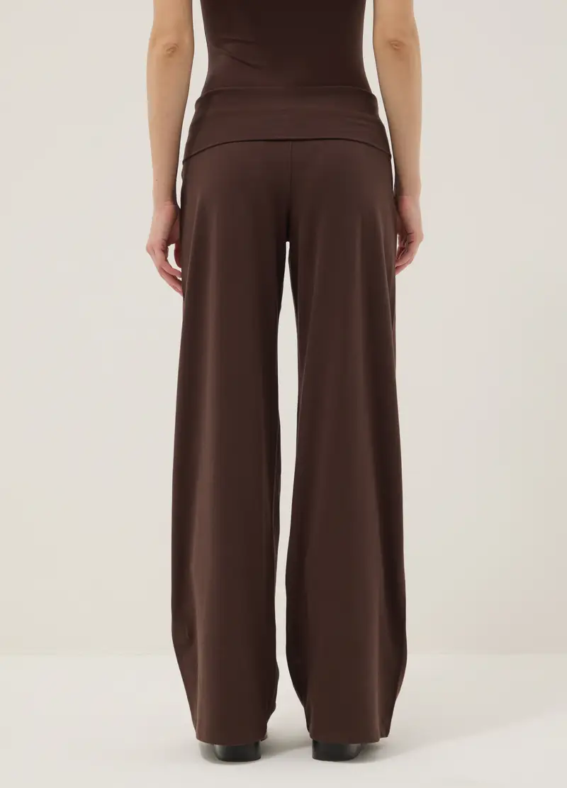Pantaloni Jogger In Cotone Elasticizzato Marroni Wide Leg, Donna, Marrone miniatura 3