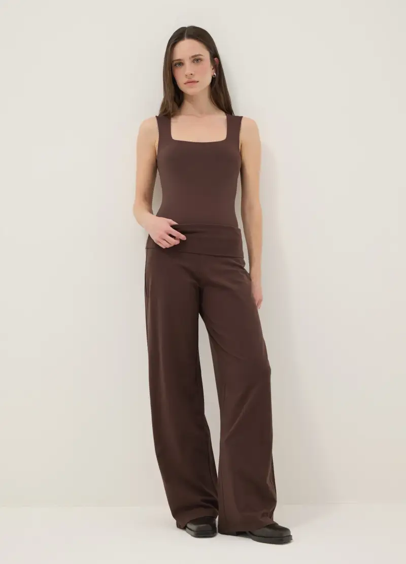 Pantaloni Jogger In Cotone Elasticizzato Marroni Wide Leg, Donna, Marrone