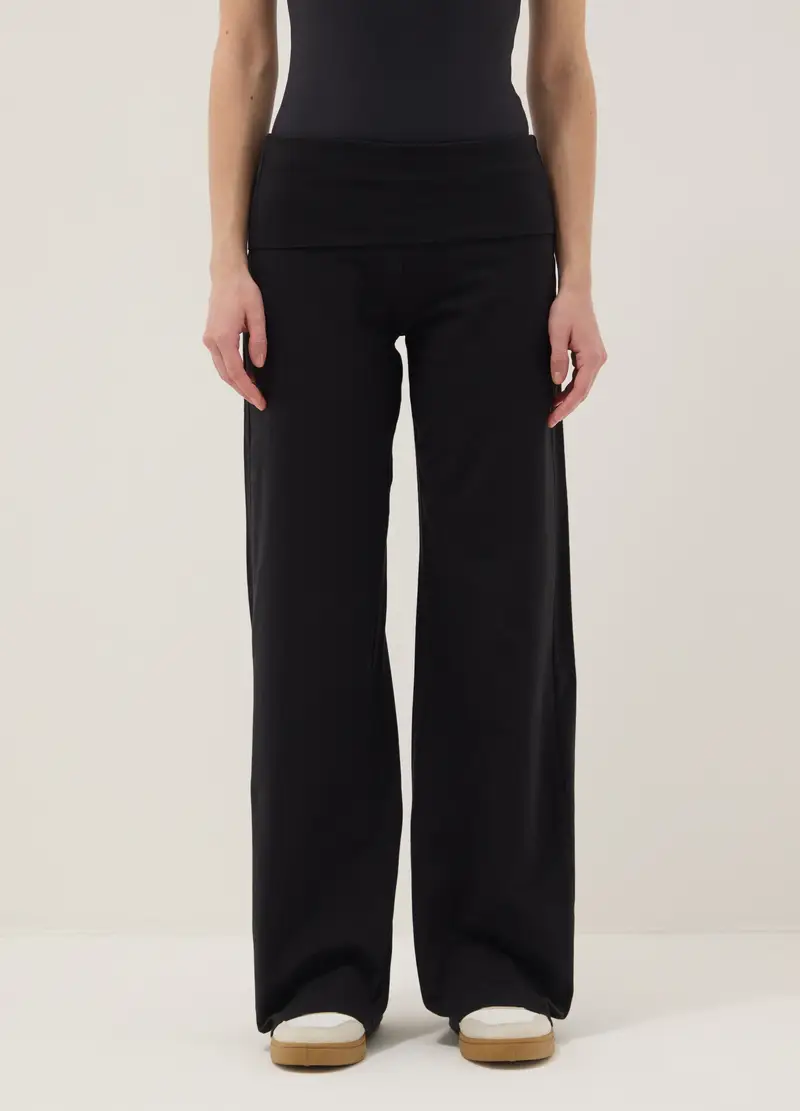 Pantaloni Jogger In Cotone Elasticizzato Neri Wide Leg, Donna, Nero miniatura 2