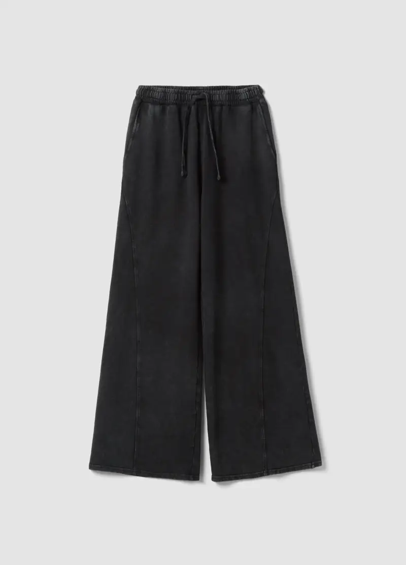 Pantaloni Jogger In Puro Cotone Nero Wide Leg, Donna, Nero