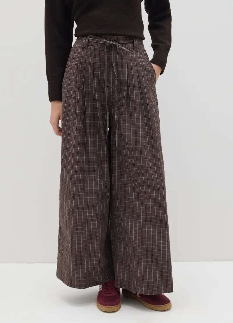 Pantaloni Marroni A Quadri Larghi, Donna, Marrone miniatura 2