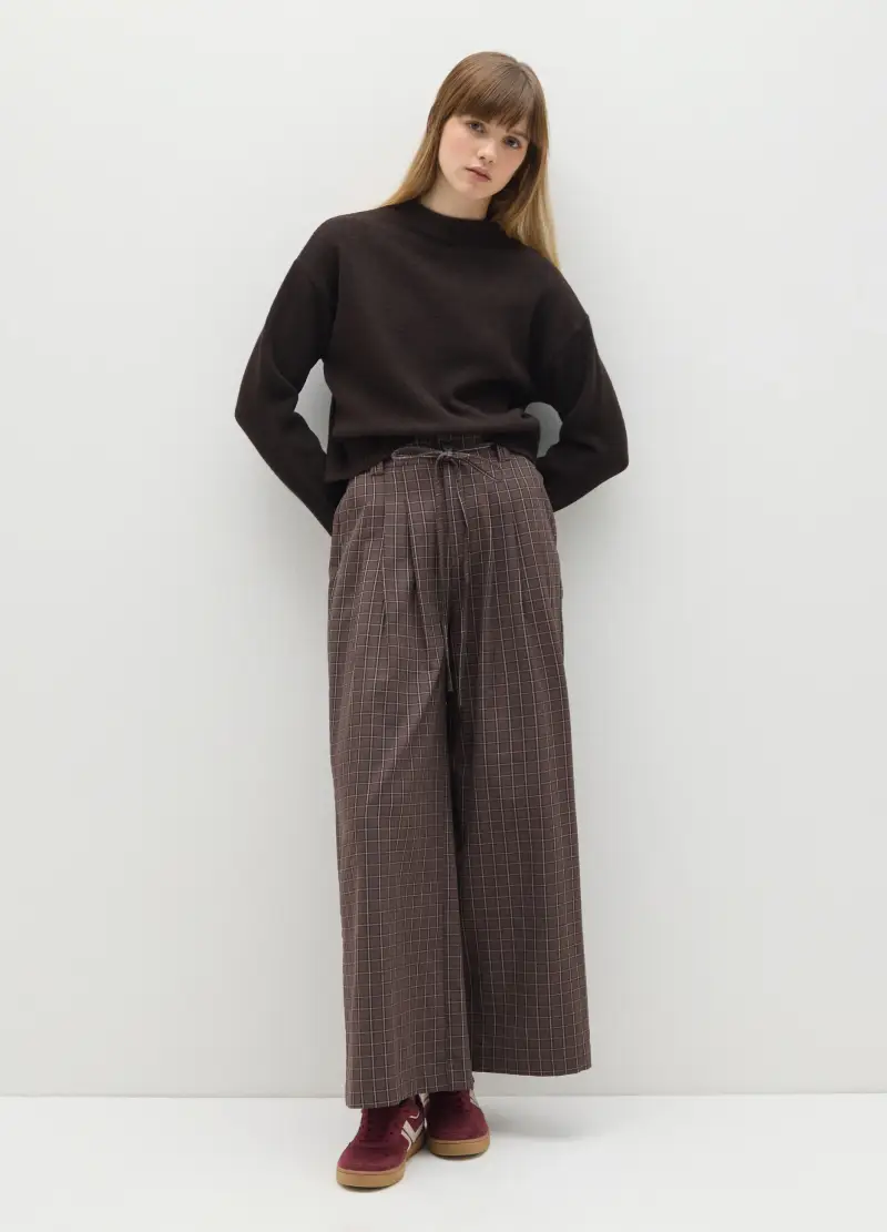 Pantaloni Marroni A Quadri Larghi, Donna, Marrone