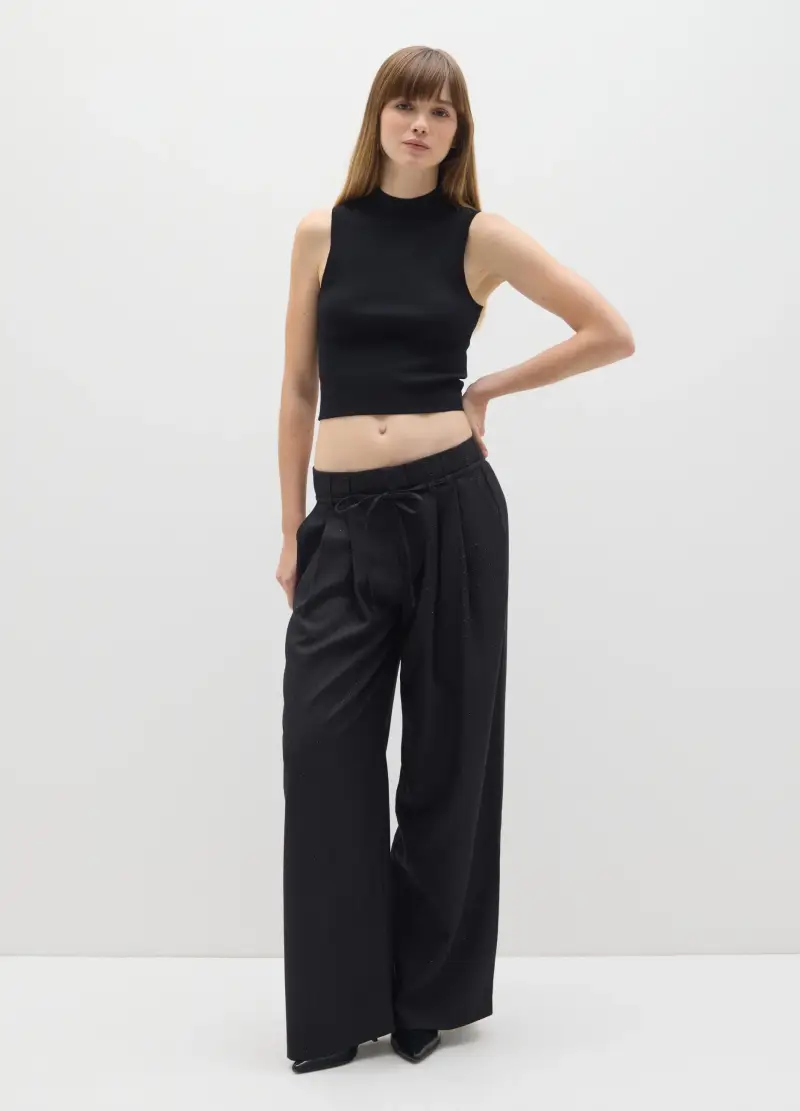 Pantaloni Wide Leg Neri Con Fiocco, Donna, Nero