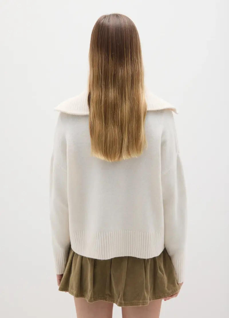 Pullover Bianco Con Zip In Misto Lana, Donna, Beige miniatura 3