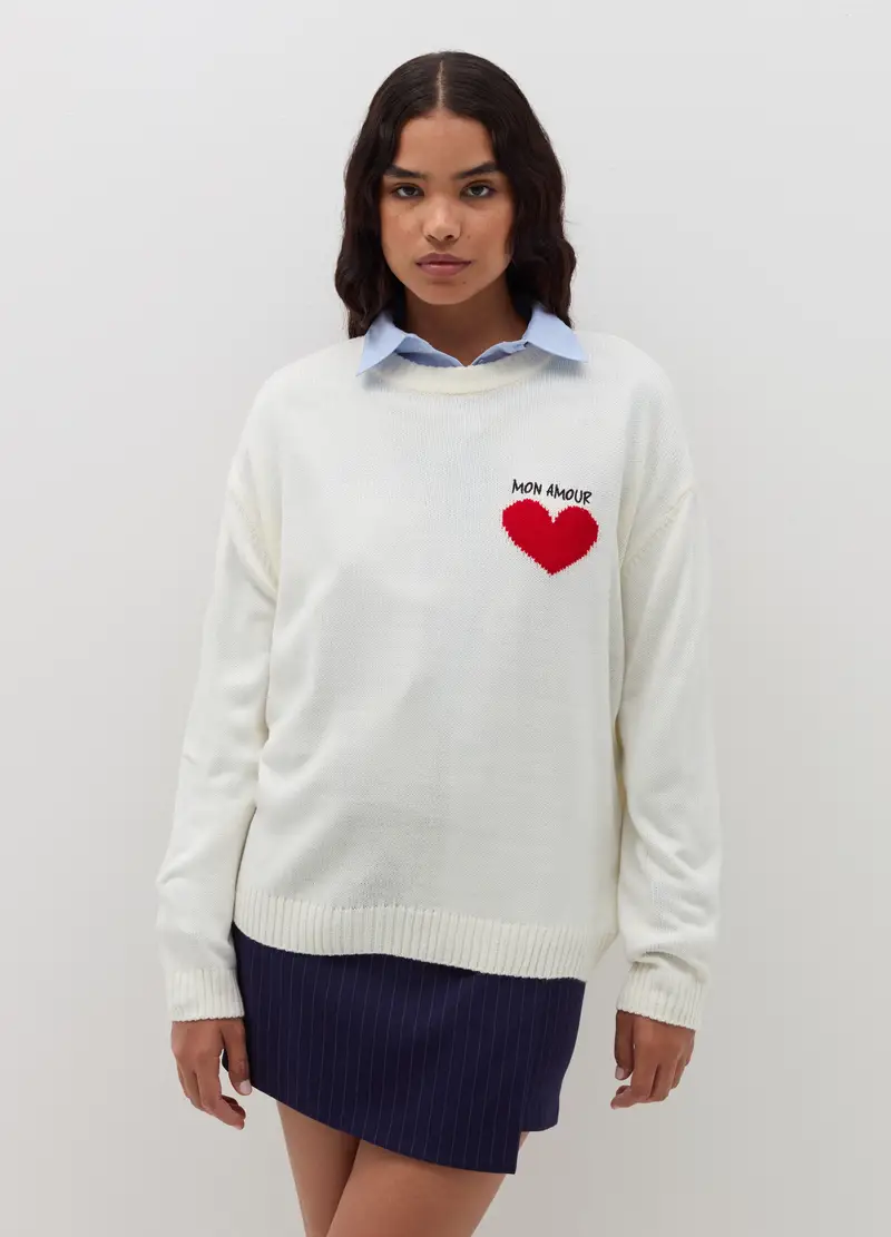 Pullover Con Scritta "mon Amour" E Cuore, Donna, Bianco miniatura 2