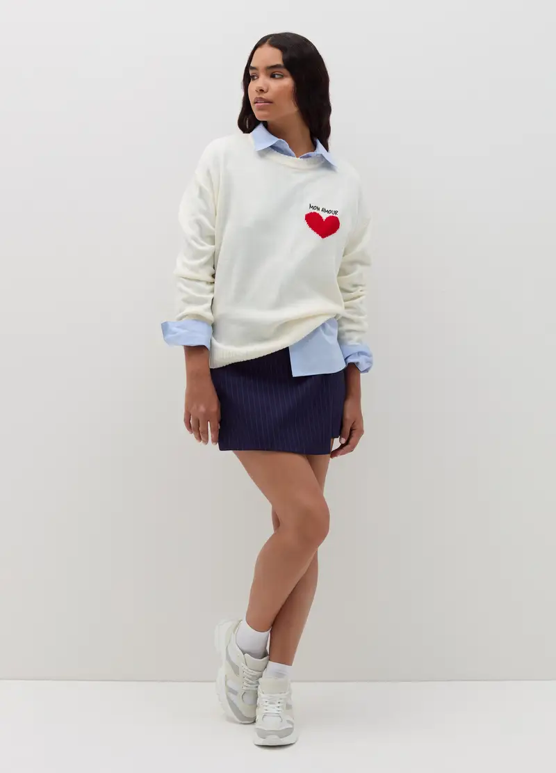 Pullover Con Scritta "mon Amour" E Cuore, Donna, Bianco