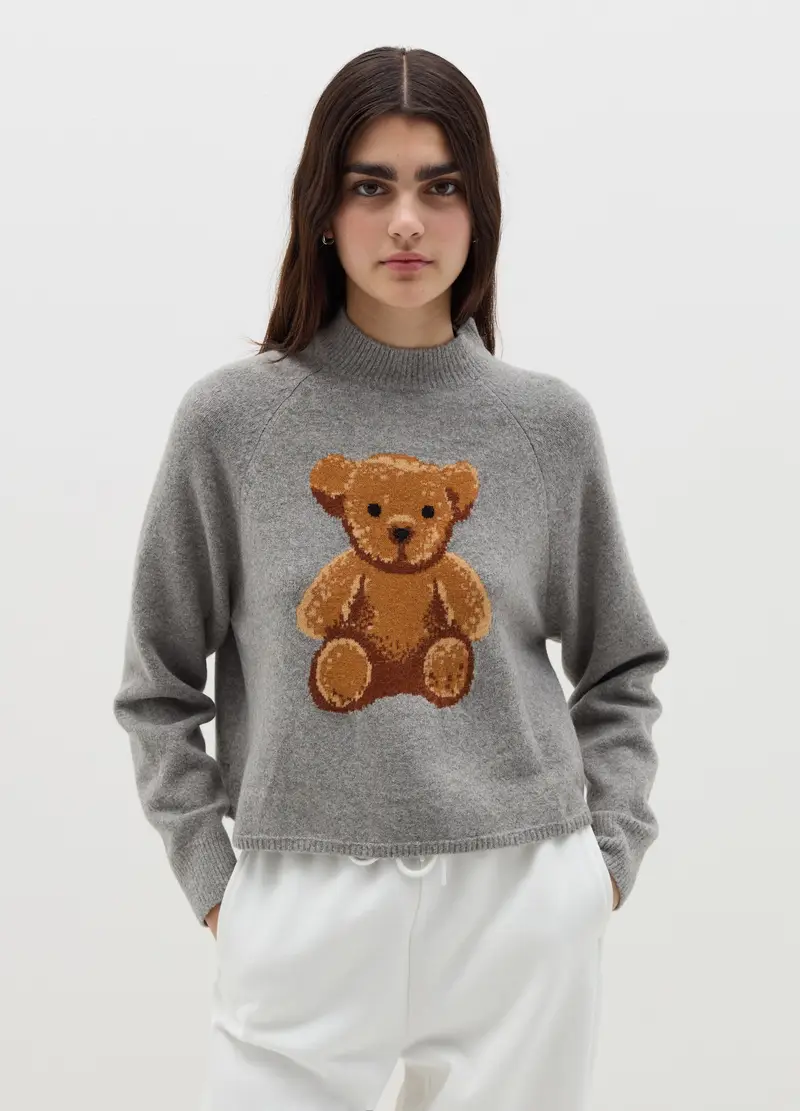 Pullover Crop Con Orso Jacquard, Donna, Grigio miniatura 2