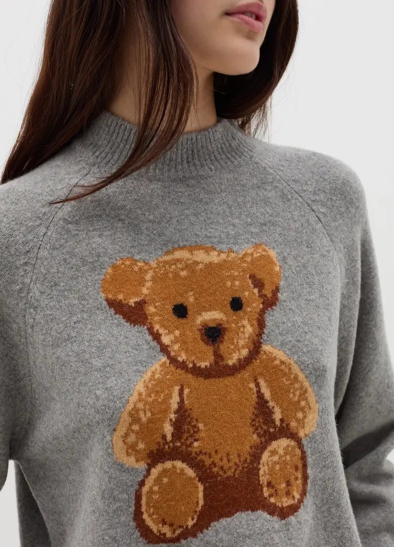 Pullover Crop Con Orso Jacquard, Donna, Grigio miniatura 3