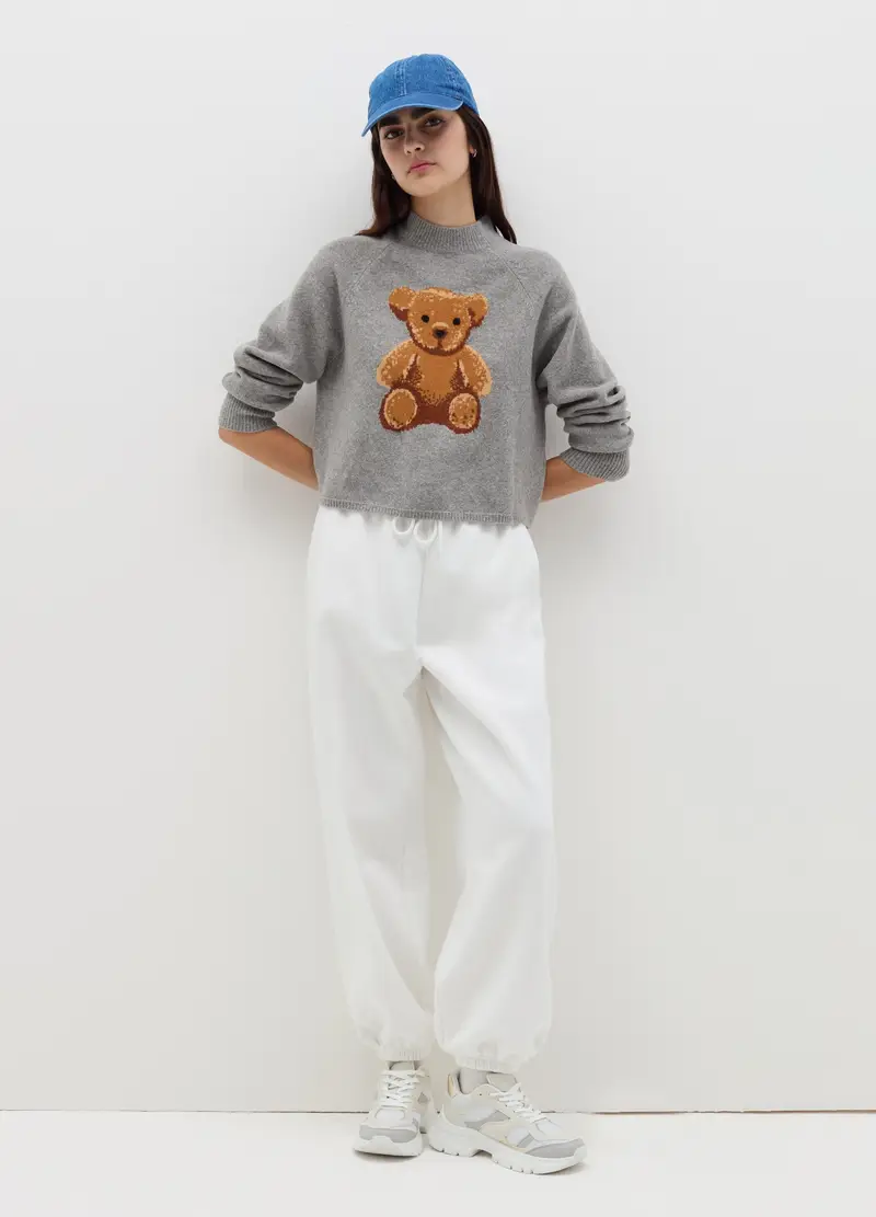 Pullover Crop Con Orso Jacquard, Donna, Grigio